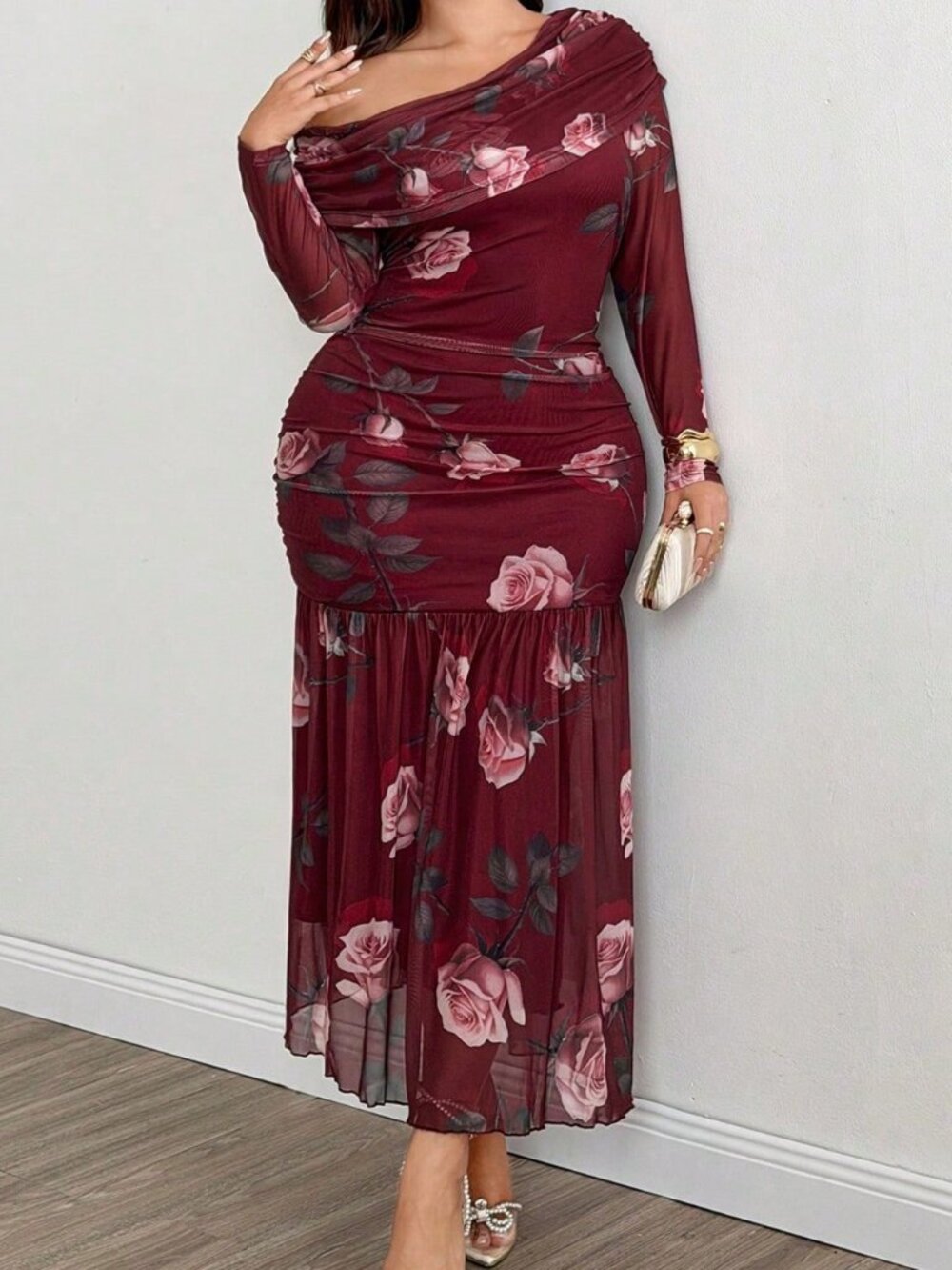 Burgundy Elegant Women's Slim Fit Asymmetrical Long Bodycon Dress - Picture 4 of 6